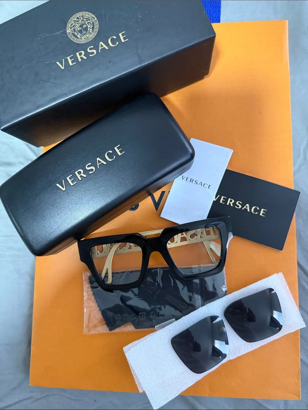 Authentic Versace Women’s Black and Gold Square Frame Sunglasses